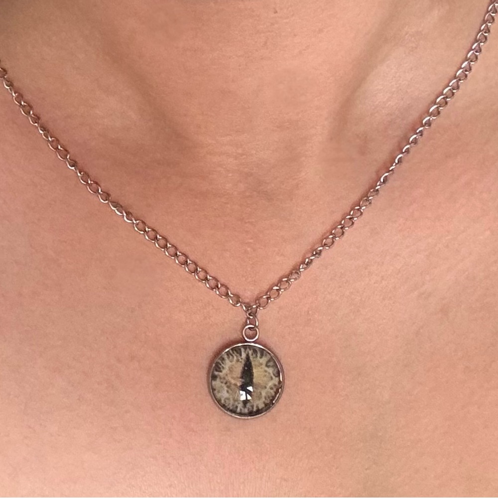 Yellow Mythical Creature Cat Eye Silver Necklace